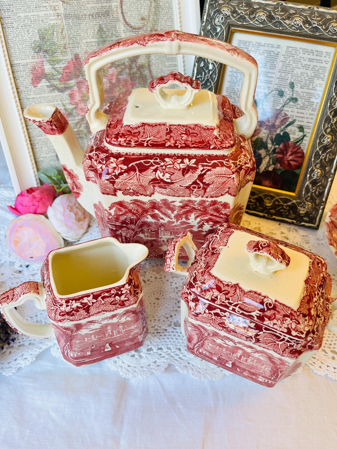 Antique Masons Vista Teapot Set, Cranberry Red Transferware - Etsy