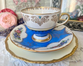 Aqua Blue, Gold and Pink Roses Mismatched Teacup, Saucer and Plate by Royal Stafford and Royal Doulton, Vintage China Mother's Day Gift