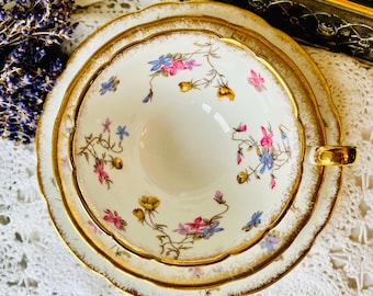 Royal Stafford Tea Set Violets Pompadour Teacup Saucer and Plate in Sweet Pink and Purple Violets Vintage English China, Cottage Core Decor