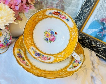 Yellow and Gold Paragon Teacup and Saucer with Pink Roses Bouquet, Antique Star Backstamp, Wide Mouth English Tea Set for Mothers Day