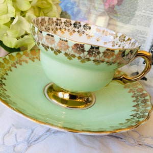 Rosina Mint Green and Gold Footed Teacup and Sauce,r Vintage English Tea Set, Pretty in Pink  Mother's Day Gift