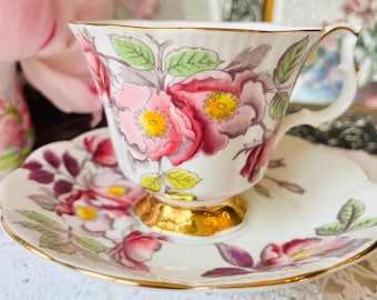 Royal Albert "Dog Rose" Pink and Purple Blooms Teacup and Saucer, Vintage English Tea Set, Flower of the Month Series