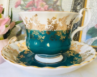 Royal Albert Turquoise  and Gold Teacup and Saucer, Regal Series, Gold Brocade, Fine China, English Tea Set, Bridal Gift Idea