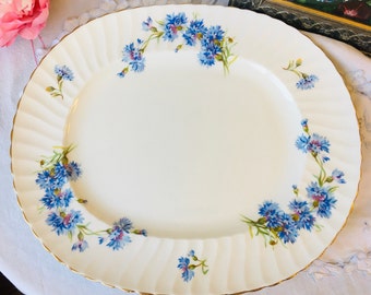 Large Oval Serving Platter by Adderley in Blue Cornflowers with Gold Trim, Vintage Housewarming or Christmas Dinner Turkey Platter