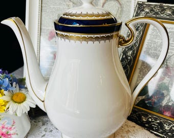 Aynsley Teapot or Coffee Pot in Cobalt Blue and Gold, Embassy Pattern, Vintage Elegant English China Gift, Tea Party Christmas Gift Idea