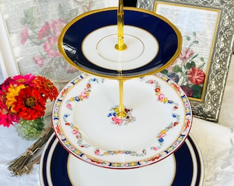 Cobalt Blue, Gold and Red Rimmed 3 Tier Cake Stand, Crescent and Sons, Minton Birks Ryrie and Coalport, Vintage Housewarming Gift