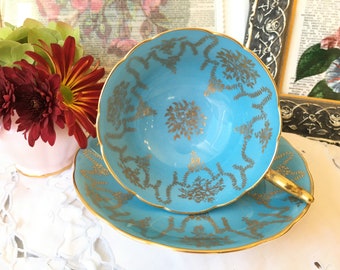 Coalport Teacup and Saucer with Floral Brocade, Robbins Egg Blue and Gold Garland Vintage English Tea Set, Cabinet Teacup Collector's Gift