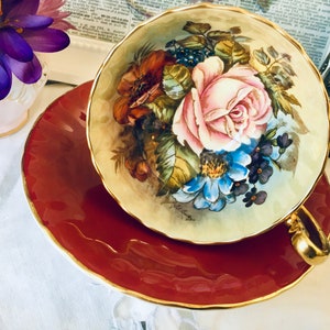 Aynsley J.A. Bailey Cabbage Roses Teacup and Saucer in a Red Oban Shape, English Vintage Tea Set Signed By The Artist