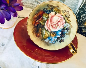 Aynsley J.A. Bailey Cabbage Roses Teacup and Saucer in a Red Oban Shape, English Vintage Tea Set, Collectible China Tea Set, Signed