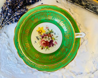 Signed Hammersley Kelly Green Floral and Gold Teacup and Saucer, Gold Chintz, F Howard, English Tea Set, Christmas Gift for Her
