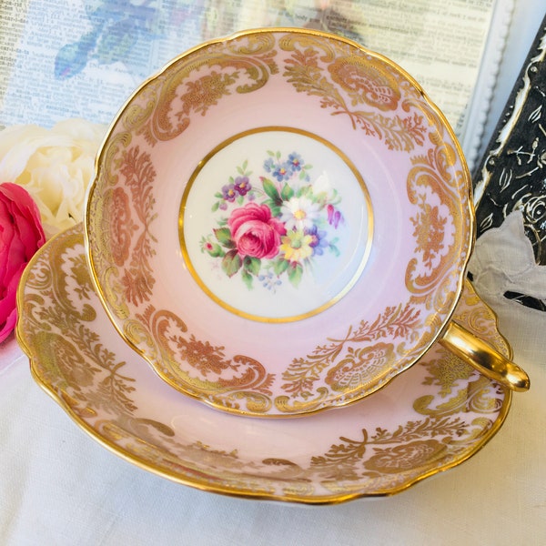 Paragon Pink and Gold Tea Cup and Saucer with Pink Cabbage Rose, Double Warranted Queen Mary, Heavy Gold, English Tea Set, Cabinet Cup