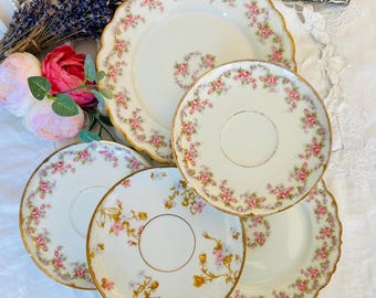 As Is French Limoges Pink Bridal Rose Set of Plates and Saucers to Repurpose, French Country Decor, Bone China Jewelry and Crafts
