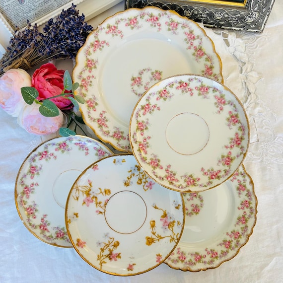 French Limoges Pink Rose Plates and Saucers: Bone China Wall Decor