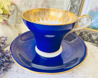 Vintage Aynsley Cobalt Blue Teacup and Saucer: Gold Inlay, English Tea Set