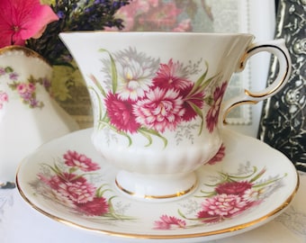 Paragon Teacup and Saucer Flower Festival "K" with Pink Carnations, Vintage English Tea Set, Christmas or Birthday Gift Idea
