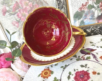 Coalport Cairo Red Gold  Teacup, Royal Swansea Saucer, Crown Staffordshire Bird Floral Plate,  One of a Kind Christmas Gift