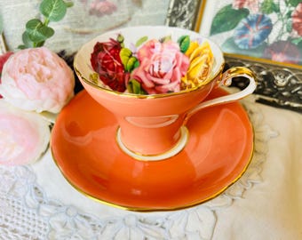 Three Roses Aynsley Orange Corset Teacup and Saucer with Red, Pink and Yellow