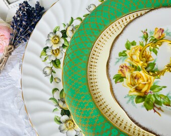 Yellow Roses, White Dogwood, and Kelly Green Gold Aynsley and Royal Albert Tiered Cake Stand, Vintage Housewarming Gift, English Tea Party