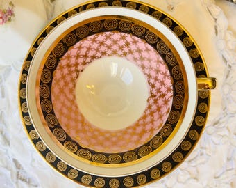 Pink, Black and Gold Winterling Bavaria Teacup and Saucer in Retro Mid Century Modern Pattern, Germany, Antique Porcelain, Gift for Her
