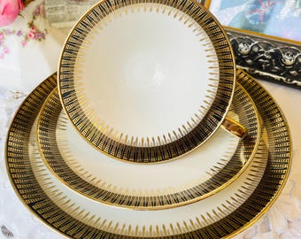 Winterling Bavaria Teacup, Saucer, Plate, Black and Gold Angular Art Deco Panels, Vintage Porcelain, Wide Mouth Footed, Gift for Her