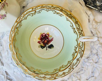 Gold Scroll and Mint Green Royal Stafford Teacup and Saucer, Cabinet Collection, English Tea Set, Springtime Tea Gift