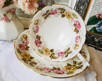 Coalport Rosalinda Pink and Yellow Roses Garland Teacup and Saucer, Wide Mouth English Tea Set, Vintage Tea Time Gift for Her