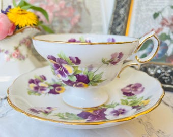 Hammersley Purple and Yellow Pansies Teacup and Saucer with Gold Trim, Wide Mouth, Vintage English Tea Set, 1950s, 1960s
