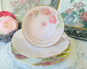 Pink Daisies Tuscan Teacup, Elizabethan Saucer, and Paragon Cliffs of Dover Plate, Pretty Vintage English Mismatched Tea Set for Mothers Day