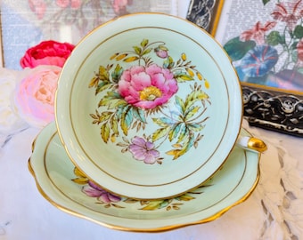 E B Foley Mint Green and Gold "Poppy" Floral Teacup and Saucer, Pink Anemone, Vintage English Tea Set for Mother's Day