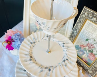 Royal Doulton Scalloped Teal Blue and Grey 2-3 Tier Cake Stand with Teacup Topper, Fancy Tea Party, Vintage Tea Gift, Gold or Silver Handle