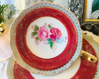 Royal China Occupied Japan Red and Gold Teacup and Saucer with Pink and Red Cabbage Roses, Wide Mouth Teacup, Sweetheart Roses Gift