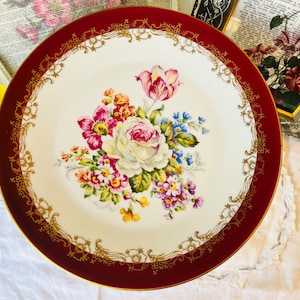 French Porcelain Pedestal Dessert Stand, Compote by Limoges with Pink Rose Floral Burgundy Gold Trim