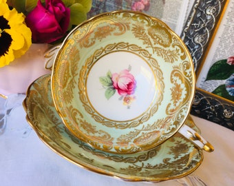 Paragon Tea Cup and Saucer Mint Green and Gold with Pink Cabbage Rose, Double Warranted Queen Mary, Heavy Gold, English Tea Set, Cabinet Cup