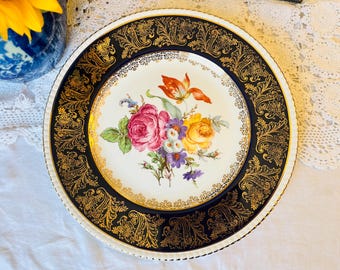 Cobalt Blue & Gold Floral Plate: Solian Ware Antique English Chintz