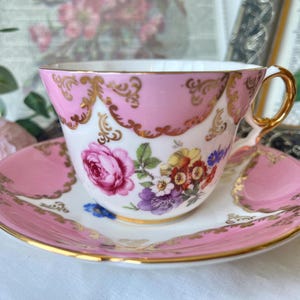 EB Foley Mauve Pink Rose Teacup and Saucer with Gold Garland Trim, Vintage English Tea Set