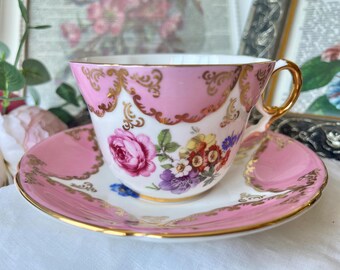 EB Foley Mauve Pink Rose Teacup and Saucer with Gold Garland Trim, Vintage English Tea Set, Birthday Gift for Her