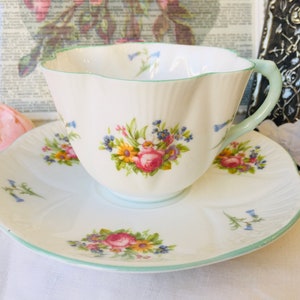 Shelley Dainty Mint Green and Rosebuds Teacup and Saucer with Painted Handle, Numbered, Vintage English Tea Set Cabinet Collection