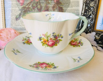 Shelley Dainty Mint Green and Rosebuds Teacup and Saucer with Painted Handle, Numbered, Vintage English Tea Set Cabinet Collection