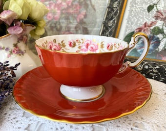 Orange Aynsley Tea Cup and Saucer, Wide Mouth Oban Shape, Pink Roses Garland,  Pumpkin Spice Tea, Vintage Fall Gift for Halloween