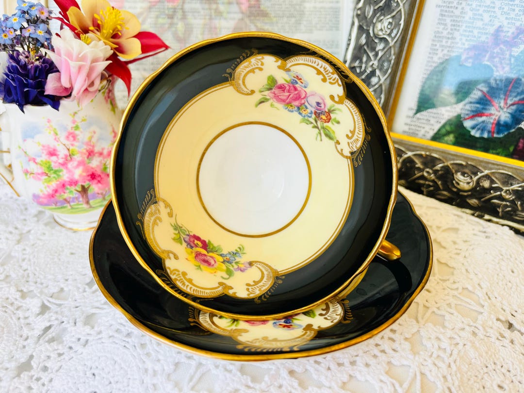 Black Collingwood Tea Cup and Saucer, English Floral Tea Set - Etsy