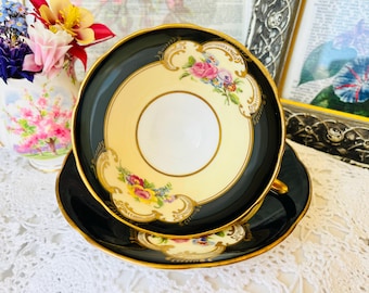 Black Gold and Cream Tea Cup and Saucer with Pink Floral, Wide Mouth English Tea Set, Halloween Witches Brew Cup