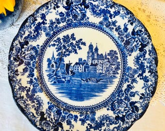 Antique Flow Blue Plate Togo Colonial Pottery Stoke England, 10 in Wall Plate with Blue and White Floral Antique English China Home Decor