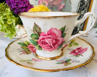 Royal Stafford Pink Cabbage Rose Tea Cup and Saucer, "Berkeley Rose", English Tea Set, Gold Brushed Trim, Mother's Day Pink Roses Gift