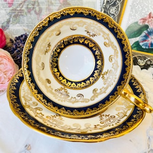 Cobalt Blue Aynsley Tea Cup and Saucer with Gold Chintz in Wide Mouth, Vintage English Tea Set, Cabinet Collector Cup