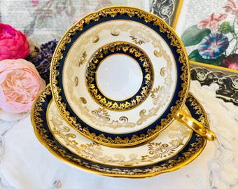 Cobalt Blue Aynsley Tea Cup and Saucer with Gold Chintz in Wide Mouth, Vintage English Tea Set, Cabinet Collector Cup, Tea Drinker Gift