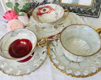 Lustreware Occupied Japan Footed Teacups and Reticulated Saucers in Reds and Pearls, Antique Collection, Housewarming or Birthday Gift