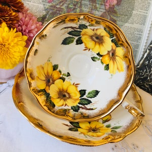 Queen Anne Avon Shaped Yellow Roses Teacup and Saucer, Heavy Gold Trim, Vintage English Tea Set, Mother's Day Gift or Birthday Gift Idea