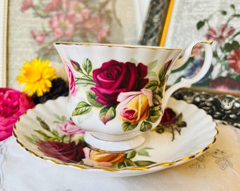 Royal Albert Kings Ransom Three Roses Teacup and Saucer in Red, Yellow and Pink, Vintage English Tea Set, Mother's Day Gift Idea
