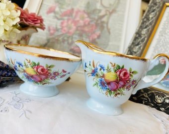 Thanksgiving Tea Blue and Gold Orchard Fruits and Floral Creamer and Sugar Bowl, Vintage English China
