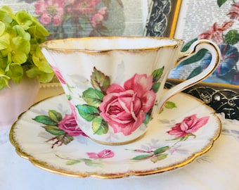 Pink Cabbage Rose Tea Cup and Saucer in Fluted Shape, Royal Stafford "Berkeley Rose", English Tea Set, Gold Brushed,  Gift for Her